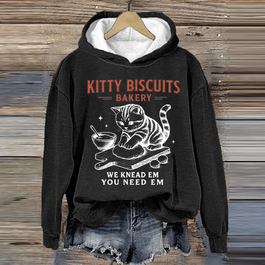 Women's Cute Kitty Biscuits Bakery Print Hoodie elevenforest
