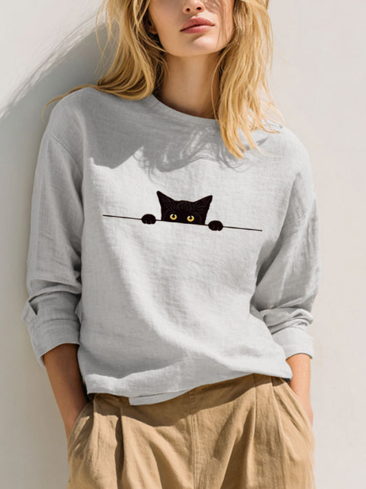 Comstylish Women's Casual Funny Black Cat Print T-shirt