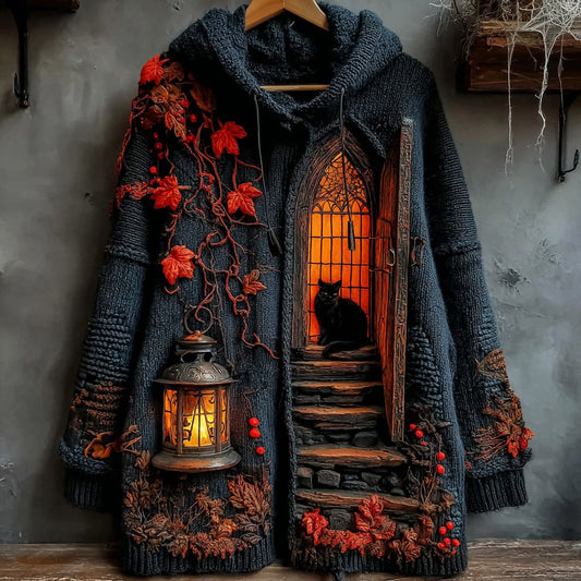 Comstylish Women's Halloween Little House Cat Art Knitted Button Sweater Cardigan