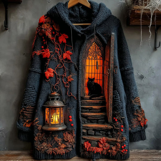 Women's Halloween Little House Cat Art Knitted Button Sweater Cardigan elevenforest