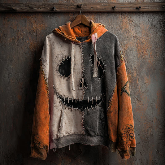 Comstylish Halloween Pumpkin Face Contrast Stitched Washed Hoodie