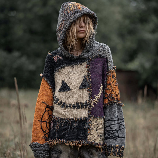 Spooky Face And Spider Web Patchwork Design Cozy Halloween Knit Hooded elevenforest
