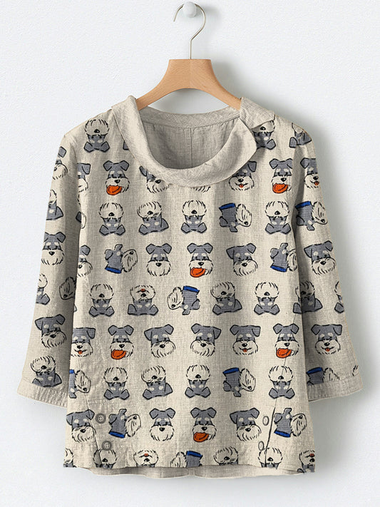 Comstylish Lively Schnauzer Dog Art Print Linen Blend Shirt