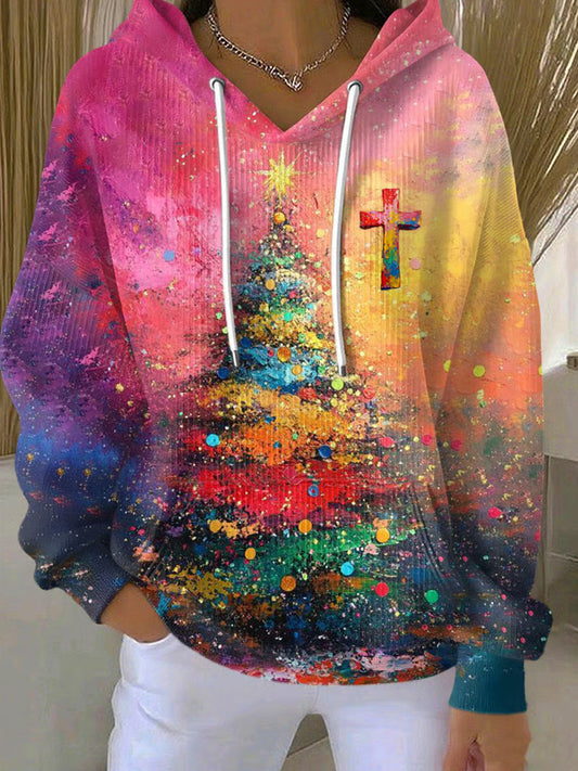 Comstylish Women's Faith Cross Christmas Print Hooded Collar Sweatshirt
