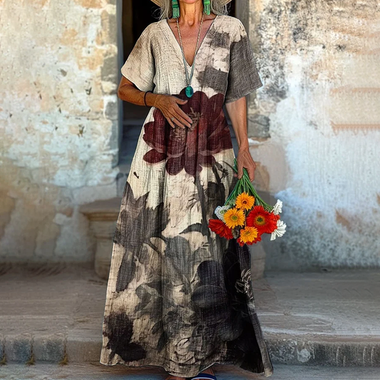 Vintage Floral Art Painting V-neck Dress artswardrobe