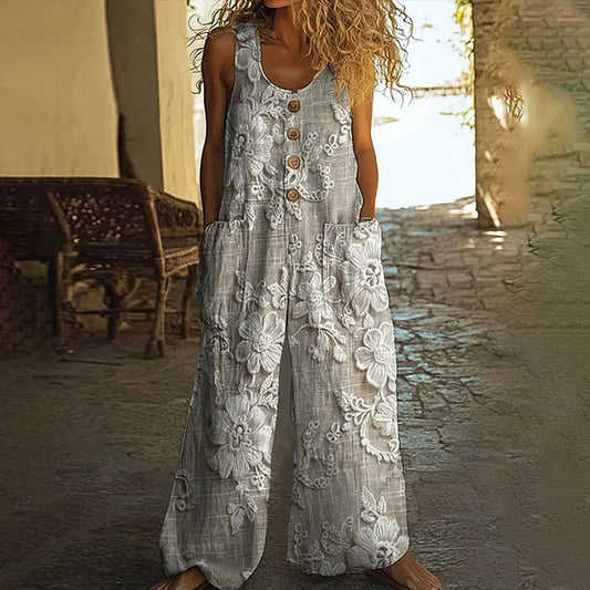 Women's Vintage Floral Lace Embroidered Wide Leg Jumpsuit artswardrobe