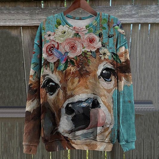 Vintage Highland Cow Printed Relaxed Loose Sweatshirt artswardrobe