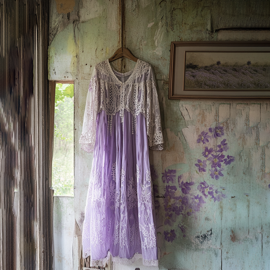 Vintage Lavender  Gradient Lace Art Linen V Neck Maxi Dress artswardrobe
