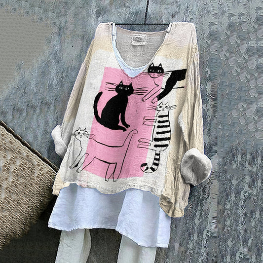 Comstylish Women's Line Cat Art Cotton And Linen Long Sleeve T-shirt