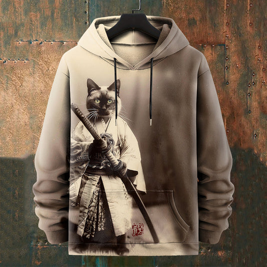 Men's The Last Samurai Japanese Art Cat Graphics Print Casual Hoodie elevenforest