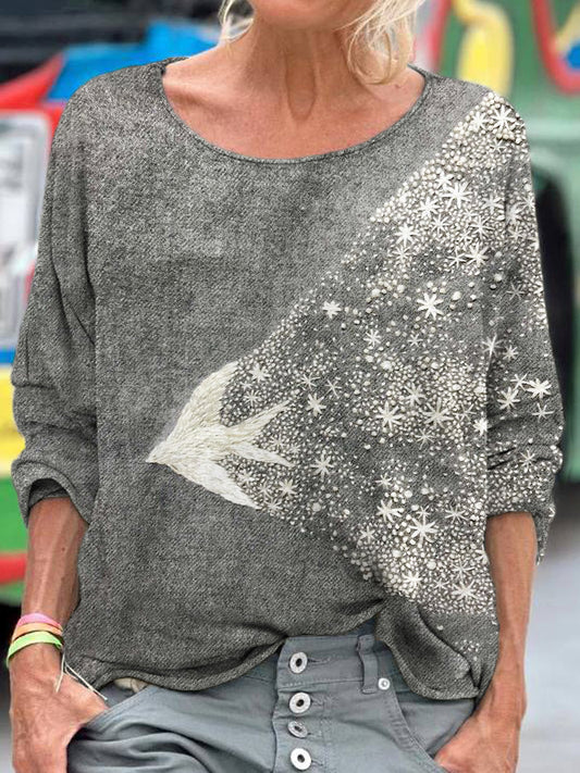 Comstylish Flying Bird Embroidery Art Women's Linen Shirt