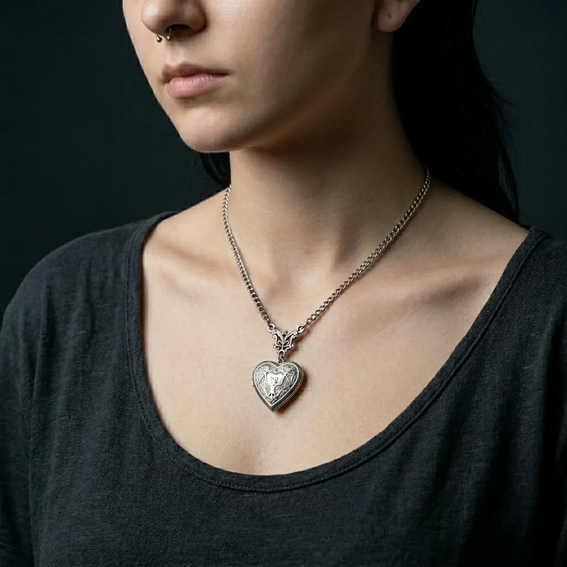 Gothic Bat Heart Locket Necklace