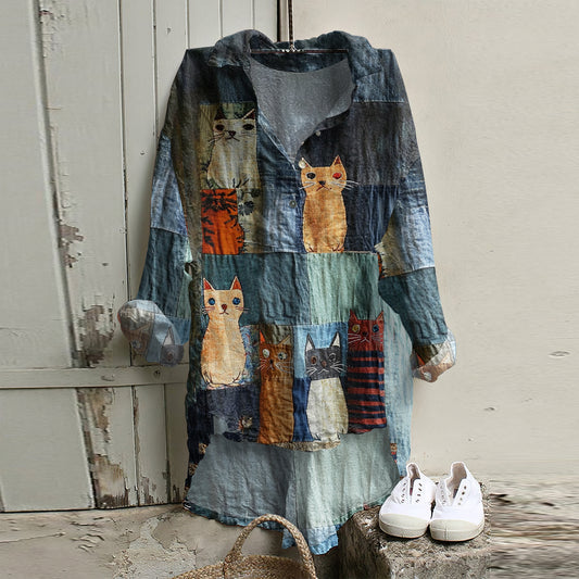 Comstylish Casual Pop Cat Patchwork Linen Short Front And Long Back Blouse