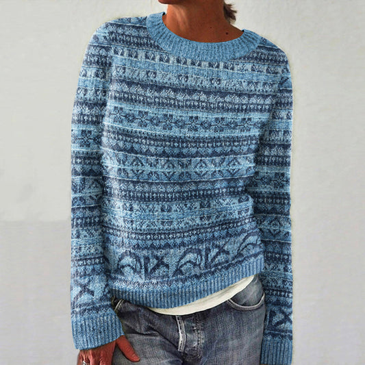 Vintage Fairman Island Pattern Contrast Crew Neck Sweater artswardrobe