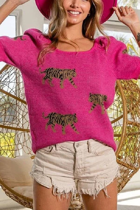 Savannah® | Tiger Print Sweater Pink Fuchsia