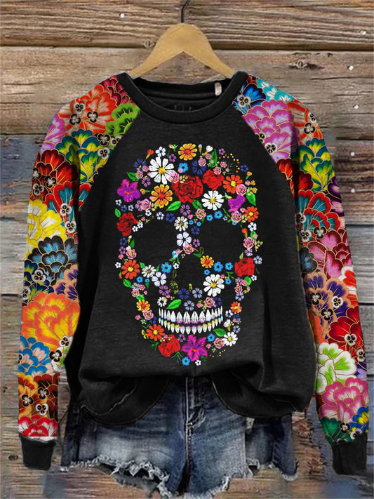 Comstylish Floral Skull Embroidered Mexican Floral Raglan Sweatshirt