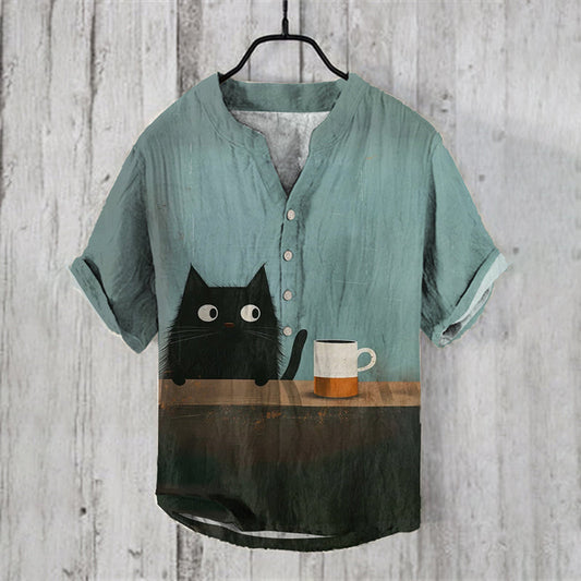 Abstract Creative Japanese Black Cat Coffee Art Linen Blend Shirt elevenforest
