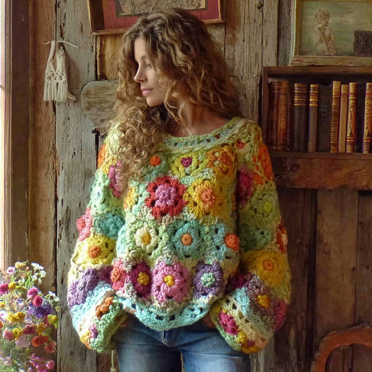 Women's Bohemian Chunky Knit Crochet Floral Colorful Sweater elevenforest