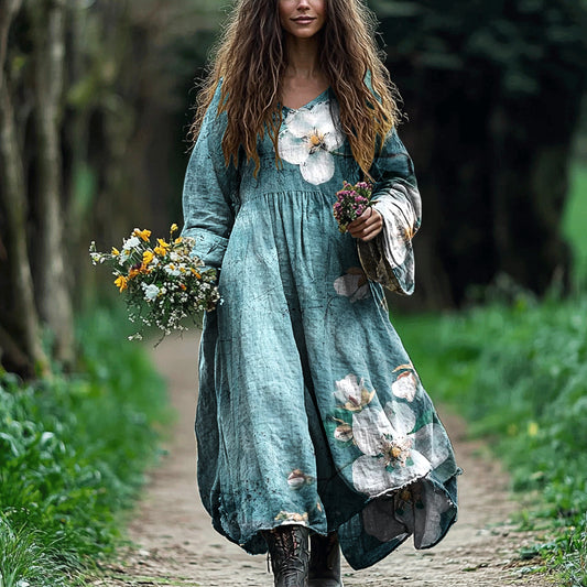 Women's Vintage Bohemian Floral Patch Cotton And Linen Dress artswardrobe