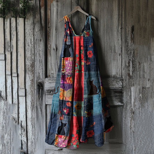 Women's Vintage Cat Floral Patchwork Art Linen Tank Dress