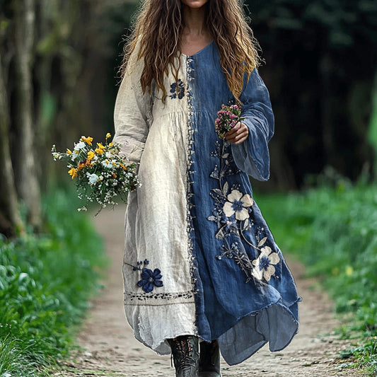 Women's Retro Plum Blossom Art Splicing Cotton And Linen Dress artswardrobe