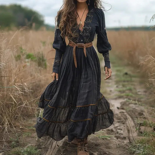 Vintage V-Neck Linen Women's Long-Sleeved Country Concert Dress artswardrobe