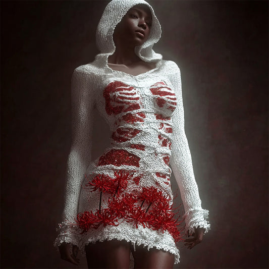 Comstylish Halloween Bandage & Higanbana Flowers Art Women's Knit Hooded Mini Dress