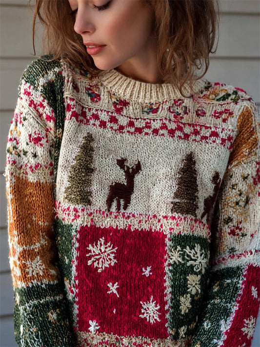 Vintage Christmas Embroidered Colorblock Cozy Knit Sweater artswardrobe