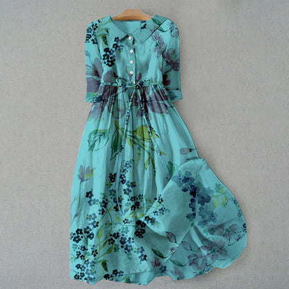 Comstylish Elegant Japanese Art Floral Print Lace-up Casual Midi Dress