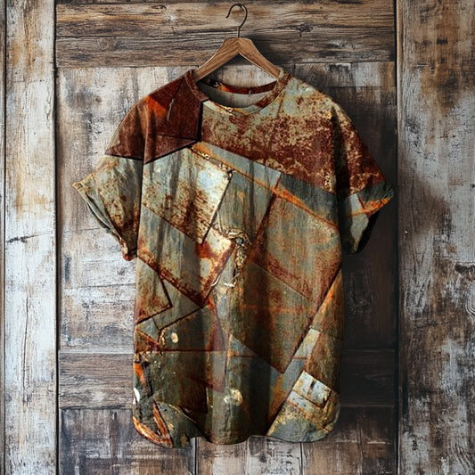 Women's Vintage Rust Art Print Round Neck Linen Blend Casual T-shirt artswardrobe