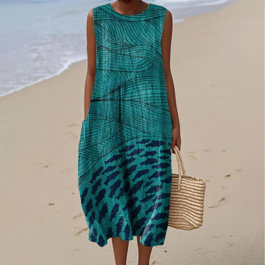 Comstylish Women's Ocean Fish Art Linen Tank Dress