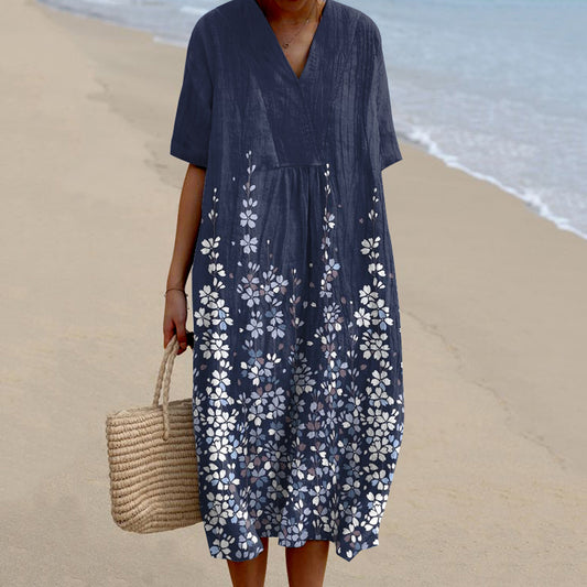 Comstylish Vintage Floral Art Casual V Neck Midi Dress