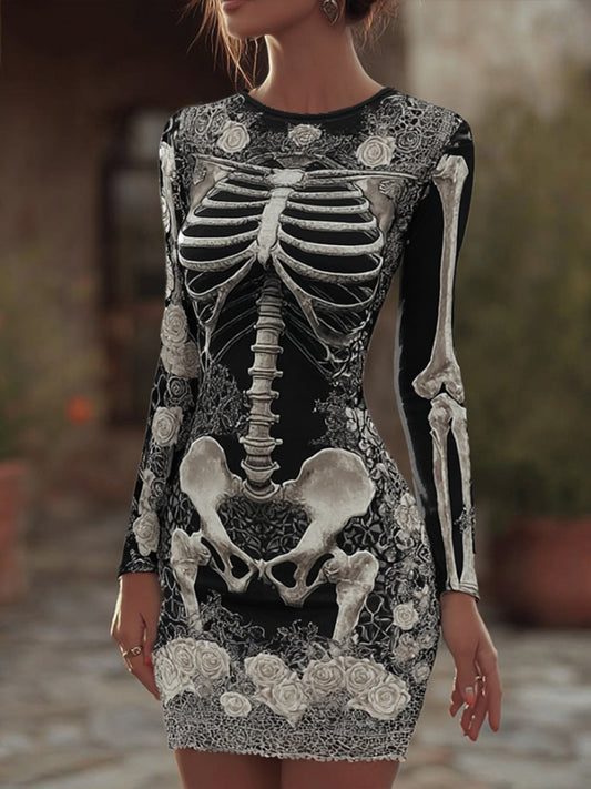 Comstylish Halloween Human Skeleton Rose Black Round Neck Short Skirt