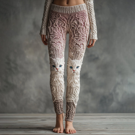Women's Cute Cat Face Embroidered Gradient Cozy Leggings elevenforest