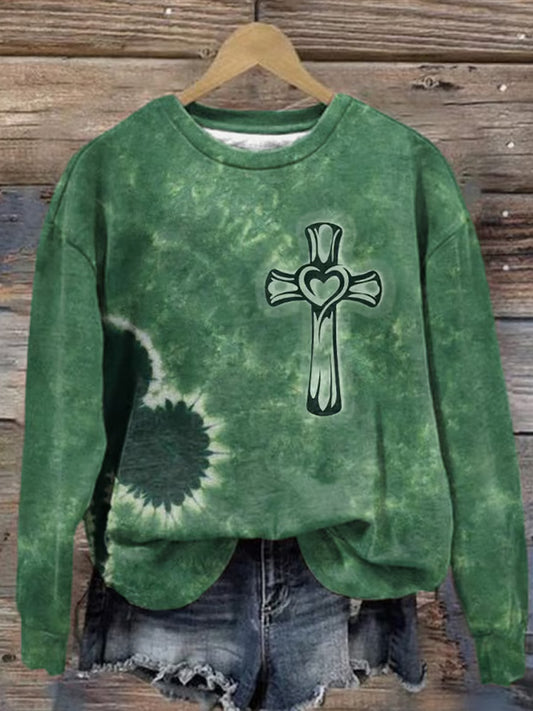 Comstylish Women's Retro Faith Cross St. Patrick's Day Tie Dye Print Sweatshirt