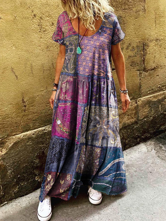 Women's Vintage Bohemian Patchwork Art Print Pocket Short Sleeve Cotto