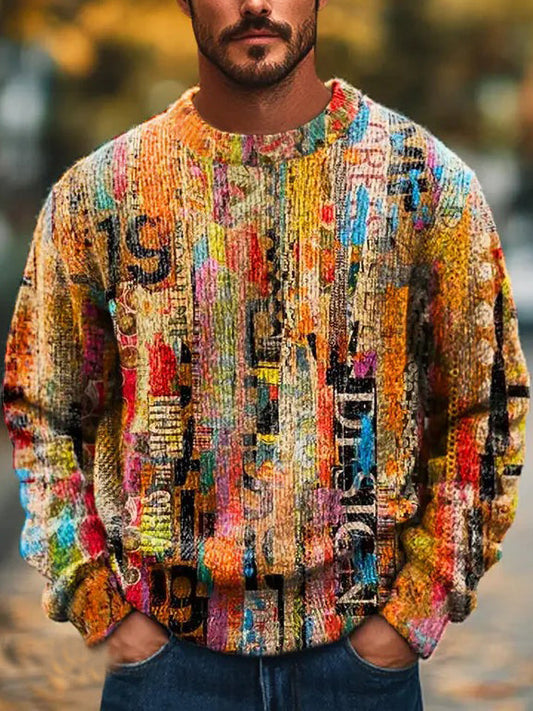 Men's Colorful Abstract Art Print Knitted Crew Neck Sweater elevenforest
