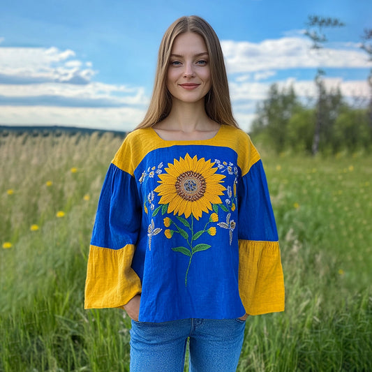 Ukraine Sunflower Embroidery Art Blend Linen T-shirt artswardrobe