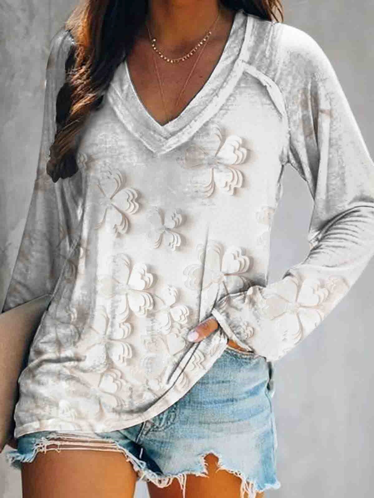 Women's Floral Art Print V-Neck Long Sleeve Top