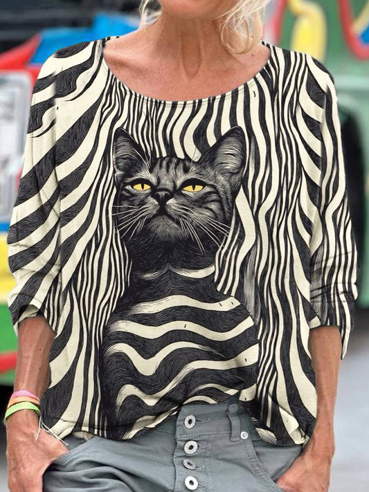 Comstylish Vintage Striped Cat Pattern Women's Linen Shirt