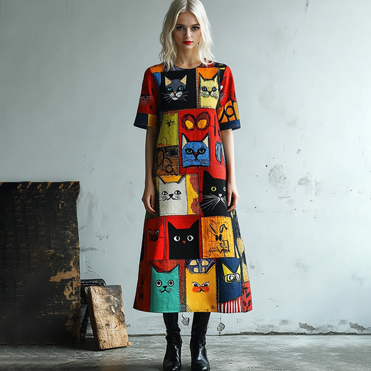 Pop Art Cat Patchwork Pattern Design Midi Dress elevenforest