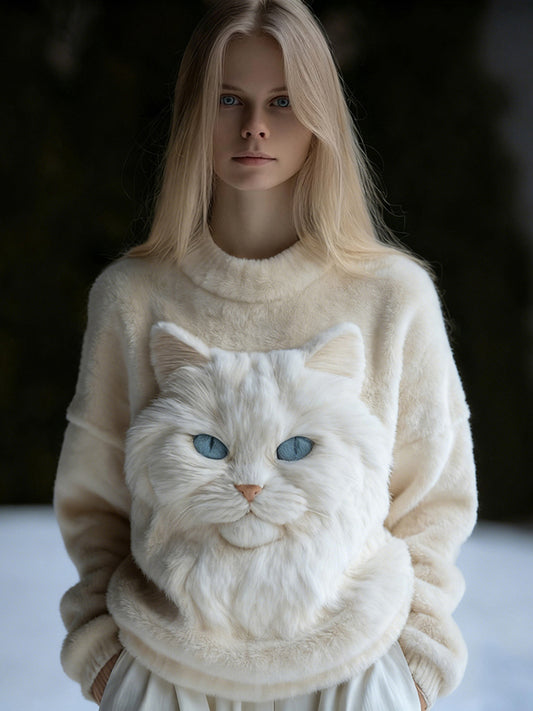Comstylish Cute Fuzzy Cat Embroidered Cozy Plush Sweatshirt