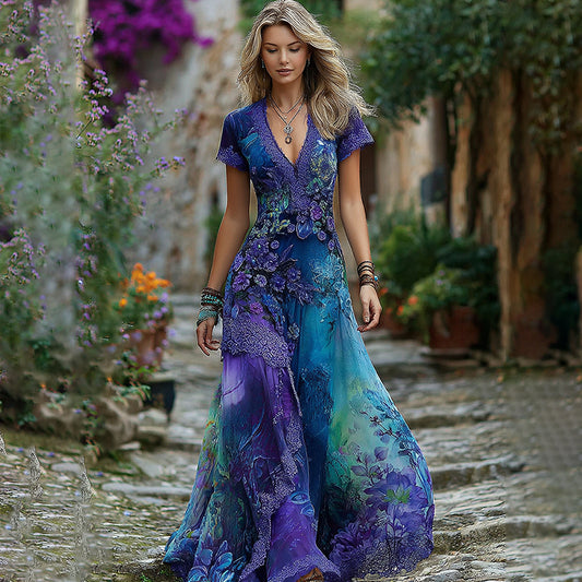 Women's Vintage Floral Embroidery Gradient Pattern Casual Maxi Dress artswardrobe