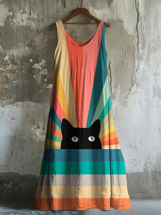 Comstylish Rainbow Cat Art Women's Linen Vest Maxi Dress
