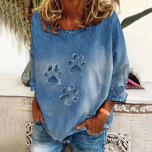 Women's Cute Cat Paw Denim Patchwork Art Casual Top elevenforest