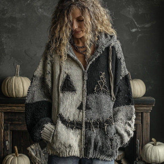 Halloween Pumpkin Face Patchwork Art Cozy Knit Hooded Cardigan elevenforest