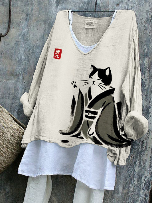Japanese Style Cat In Kimono Women's Linen Shirt