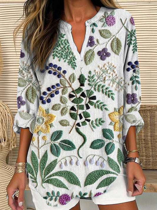 Women's Snake & Floral Japanese Embroidery Linen Blend Shirt artswardrobe
