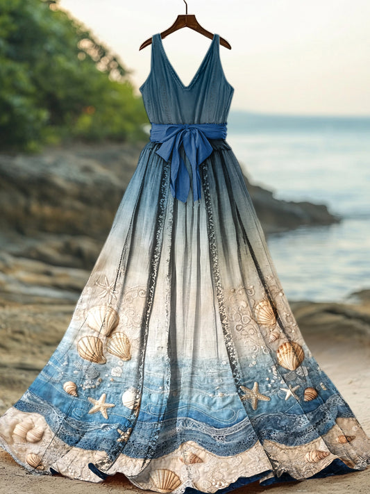 Women's Starfish & Sea Shells Sea Waves Art Linen Tank Midi Dress artswardrobe