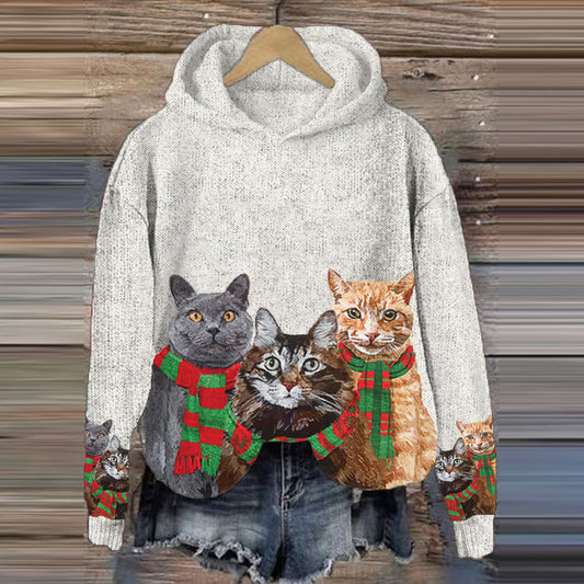 Christmas Cat Print Cozy Knit Hooded Sweater elevenforest